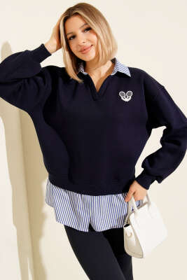 Çizgili Gömlek Garnili Üç İplik Sweatshirt Lacivert - DİVON