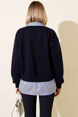 Çizgili Gömlek Garnili Üç İplik Sweatshirt Lacivert - Kadın Giyim Modelleri