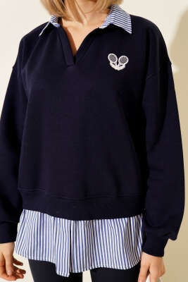 Çizgili Gömlek Garnili Üç İplik Sweatshirt Lacivert - Kadın Giyim Modelleri