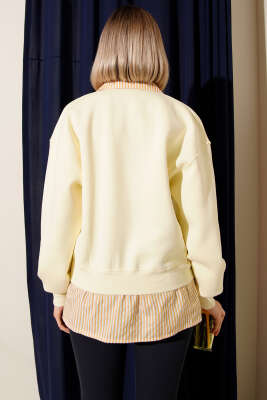 Çizgili Gömlek Garnili Üç İplik Sweatshirt Sarı - Kadın Giyim Modelleri