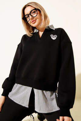 Çizgili Gömlek Garnili Üç İplik Sweatshirt Siyah - Kadın Giyim Modelleri