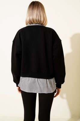 Çizgili Gömlek Garnili Üç İplik Sweatshirt Siyah - Kadın Giyim Modelleri