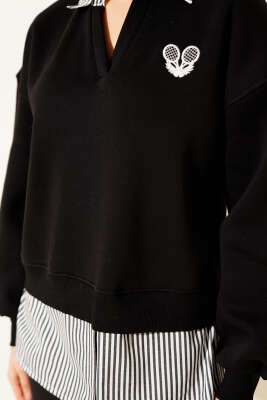 Çizgili Gömlek Garnili Üç İplik Sweatshirt Siyah - Kadın Giyim Modelleri