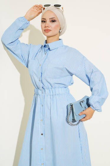 Çizgili Gömlek Yaka Elbise Buz Mavisi - Elbise