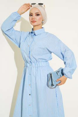 Çizgili Gömlek Yaka Elbise Buz Mavisi 
