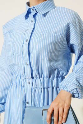 Çizgili Gömlek Yaka Elbise Buz Mavisi - Tesettür Elbise