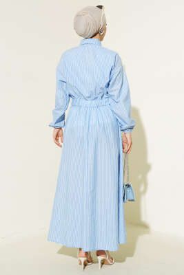 Çizgili Gömlek Yaka Elbise Buz Mavisi - Tesettür Elbise
