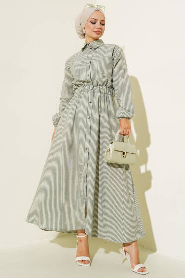 Çizgili Gömlek Yaka Elbise Çağla Yeşili - Elbise