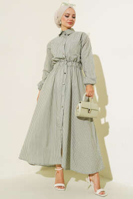Çizgili Gömlek Yaka Elbise Çağla Yeşili 