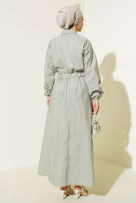 Çizgili Gömlek Yaka Elbise Çağla Yeşili - Tesettür Elbise