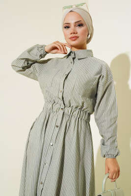 Çizgili Gömlek Yaka Elbise Çağla Yeşili - Tesettür Elbise