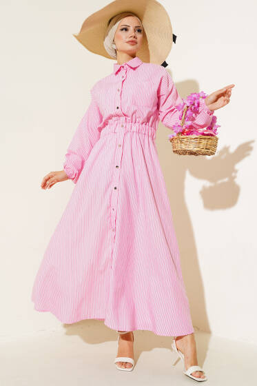 Çizgili Gömlek Yaka Elbise Pembe - Elbise