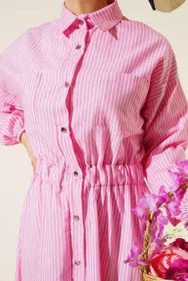 Çizgili Gömlek Yaka Elbise Pembe - Tesettür Elbise