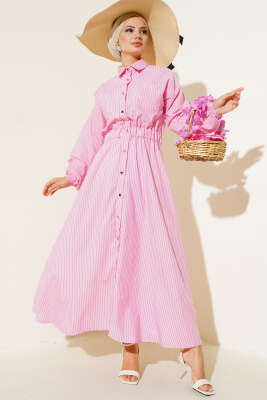 Çizgili Gömlek Yaka Elbise Pembe - Tesettür Elbise