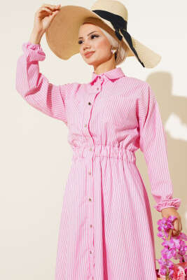 Çizgili Gömlek Yaka Elbise Pembe - Tesettür Elbise