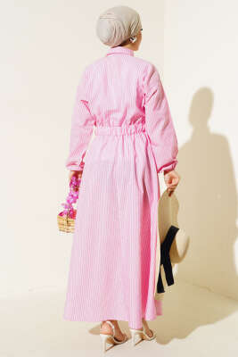 Çizgili Gömlek Yaka Elbise Pembe - Tesettür Elbise