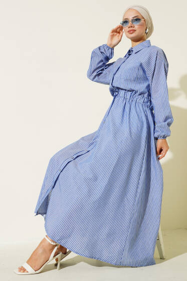 Çizgili Gömlek Yaka Elbise Saks - Elbise