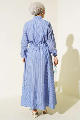 Çizgili Gömlek Yaka Elbise Saks - Tesettür Elbise