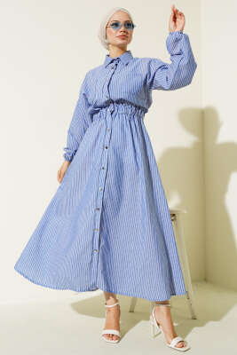 Çizgili Gömlek Yaka Elbise Saks - Tesettür Elbise