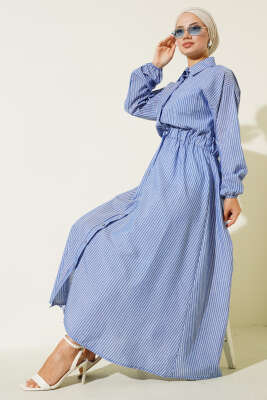 Çizgili Gömlek Yaka Elbise Saks 