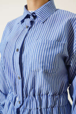 Çizgili Gömlek Yaka Elbise Saks - Tesettür Elbise