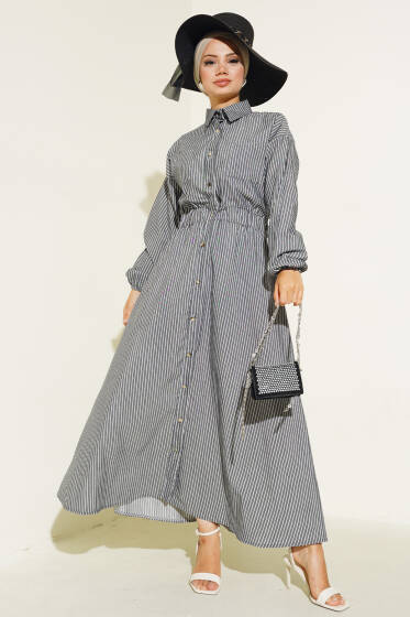 Çizgili Gömlek Yaka Elbise Siyah - Elbise