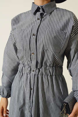 Çizgili Gömlek Yaka Elbise Siyah - Tesettür Elbise