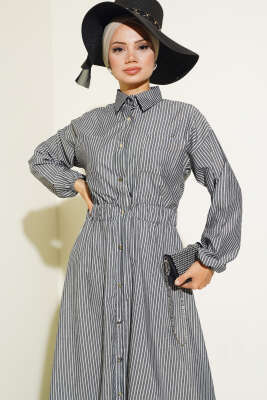 Çizgili Gömlek Yaka Elbise Siyah - Tesettür Elbise