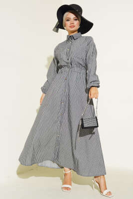 Çizgili Gömlek Yaka Elbise Siyah 