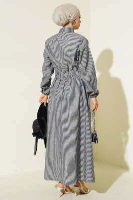 Çizgili Gömlek Yaka Elbise Siyah - Tesettür Elbise