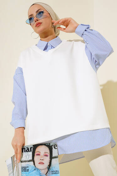 Çizgili Gömlek Yaka Tunik Ekru - Tunik