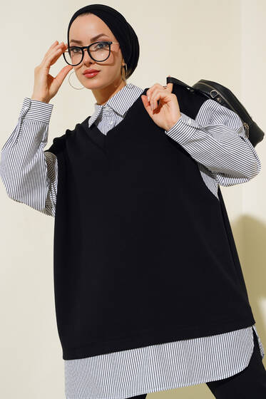 Çizgili Gömlek Yaka Tunik Siyah - Tunik
