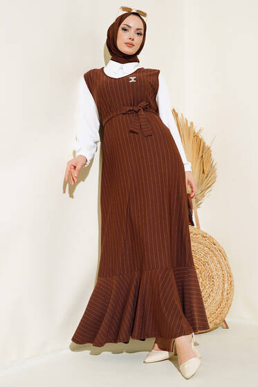 Çizgili Gömlekli Elbise Kahve - Elbise