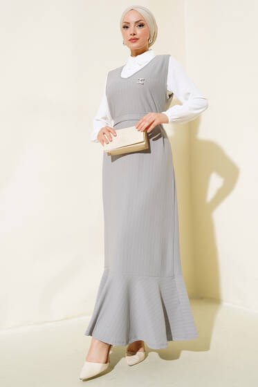 Çizgili Gömlekli Elbise Taş Gri - Elbise