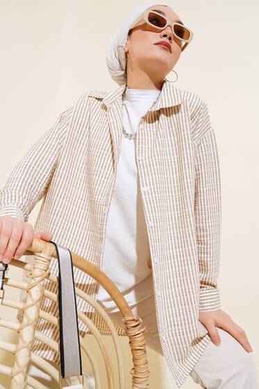 Çizgili Gore Gömlek Latte - Gömlek