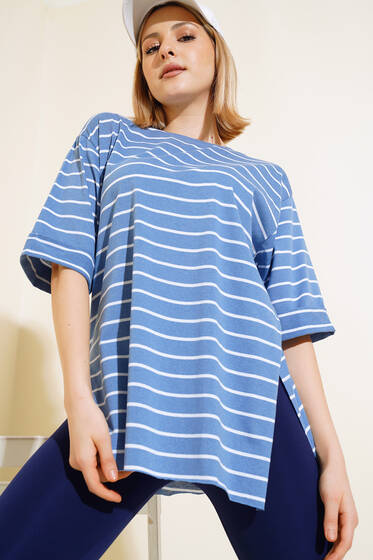 Çizgili İndigo Tshirt - Kadın Giyim Modelleri