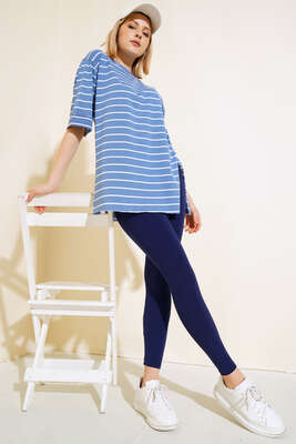 Çizgili İndigo Tshirt - Kadın Giyim Modelleri