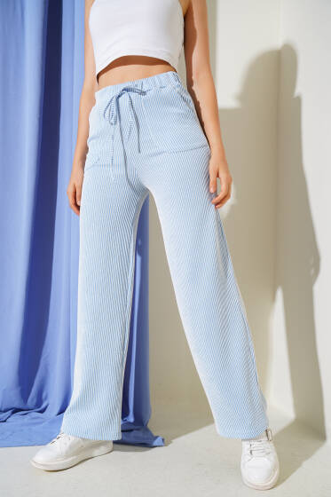 Çizgili İp Bağcık Detaylı Pantolon Mavi - Kadın Giyim Modelleri