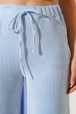 Çizgili İp Bağcık Detaylı Pantolon Mavi - Kadın Giyim Modelleri