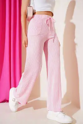 Çizgili İp Bağcık Detaylı Pantolon Pembe 