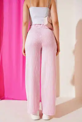 Çizgili İp Bağcık Detaylı Pantolon Pembe - Kadın Giyim Modelleri