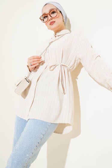 Çizgili İp Kuşaklı Linda Gömlek Bej - Gömlek