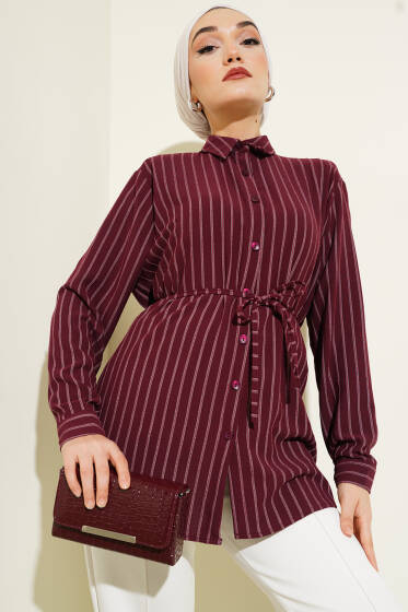 Çizgili İp Kuşaklı Linda Gömlek Bordo - Gömlek