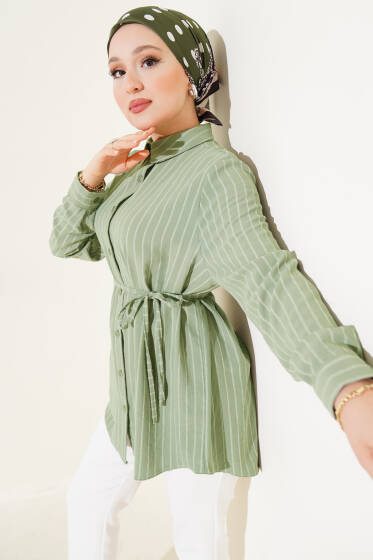 Çizgili İp Kuşaklı Linda Gömlek Çağla Yeşili - Gömlek