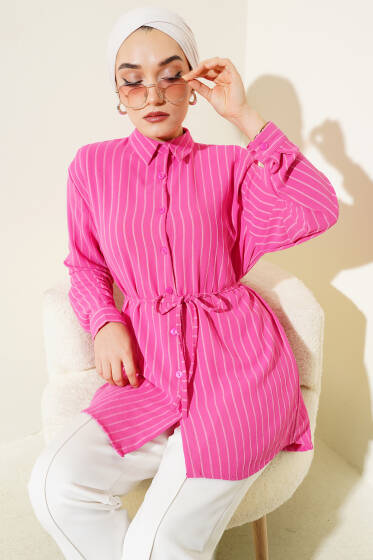 Çizgili İp Kuşaklı Linda Gömlek Fuşya - Gömlek