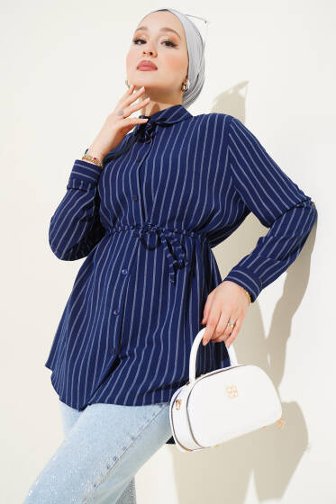 Çizgili İp Kuşaklı Linda Gömlek Lacivert - Gömlek