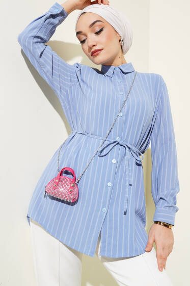 Çizgili İp Kuşaklı Linda Gömlek Mavi - Gömlek