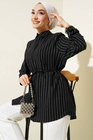 Çizgili İp Kuşaklı Linda Gömlek Siyah - Gömlek