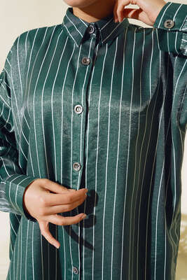 Çizgili Jakar Oversize Gömlek Zümrüt - Gömlek