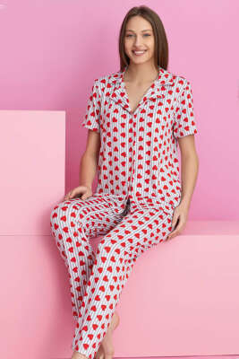 Çizgili Kalp Detaylı Kısa Kol Düğmeli Pijama Takımı Gri - Pijama & Gecelik